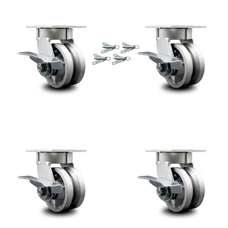 Service Caster 4 Inch Kingpinless V Groove Semi Steel Wheel Caster Set with Brake & Swivel Lock SCC-KP30S420-VGR-SLB-BSL-4